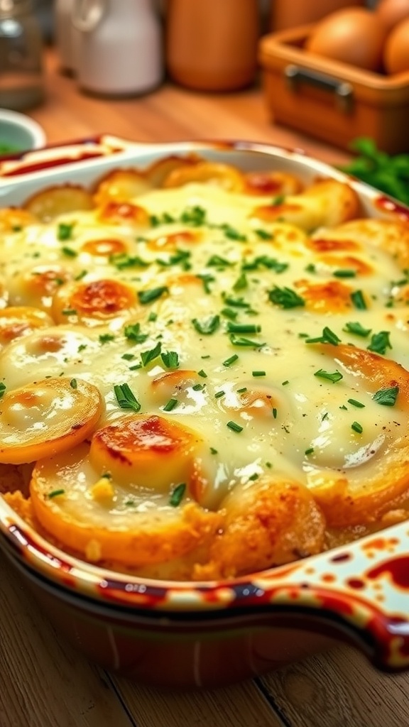 Savory potato casserole with melted cheese and a golden crust in a rustic baking dish.